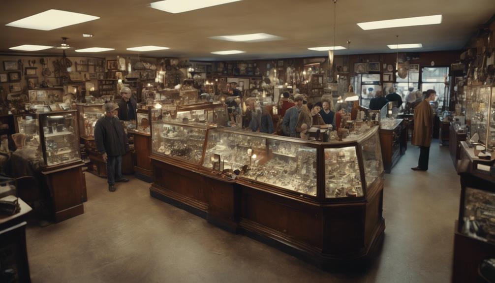 cross-section view of a bustling pawn shop, showcasing various items like jewelry, electronics, and antiques, with customers and staff engaged in transactions
