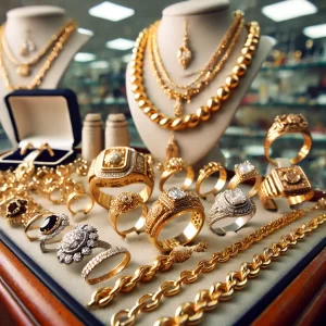 Detailed view of gold rings, necklaces, and bracelets in a glass display case in a pawn shop