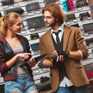 Customer and pawn shop employee discussing a wish list with electronics like laptops and gaming consoles on a shelf